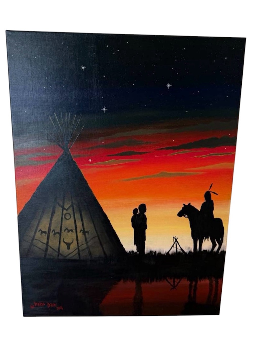 Native Sunset Silhouette Canvas Painting - Teepee Mario Peters Signed 2018